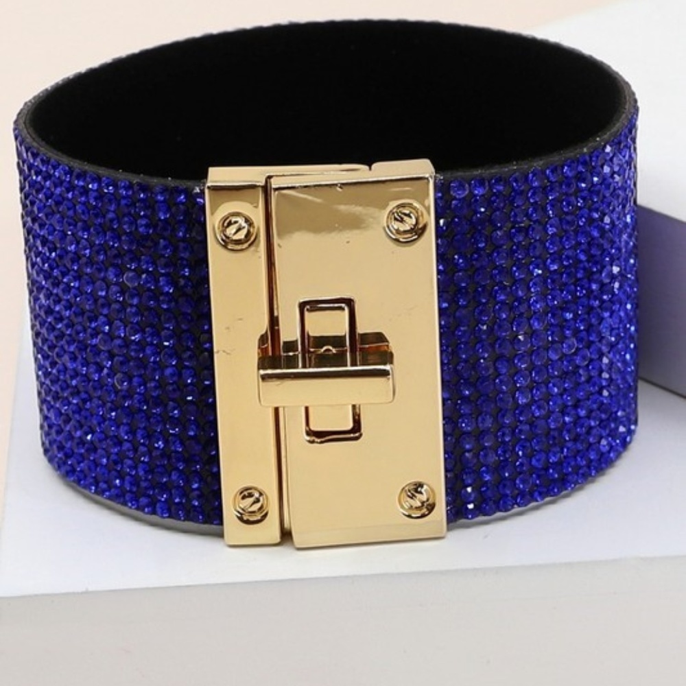 Rhinestone embellished lock closure cuff bracelet
